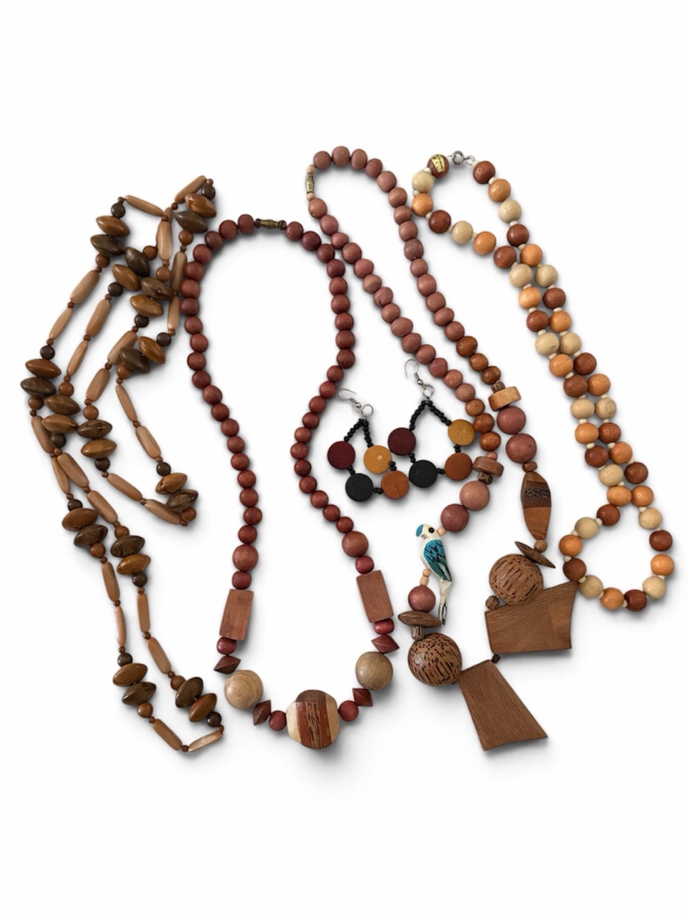 Boho Wooden Necklace Bundle 5-Piece Natural Wood Beaded Statement Necklaces Lot